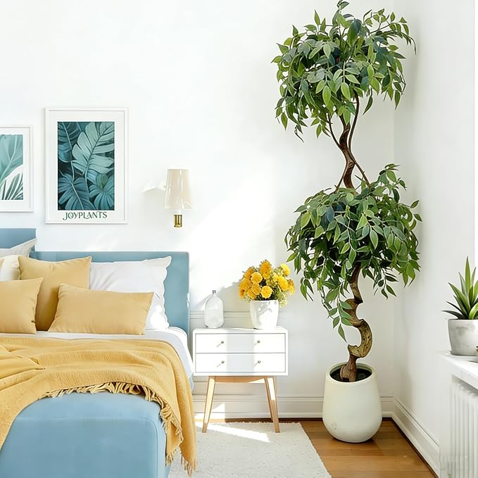 6FT Artificial Ficus Tree with White Pot, Tall Faux Ficus Plant with Realistic Natural Trunk and Lifelike Green Leaves, Indoor Fake Silk Tree for Home, Office, Living Room, or Corner Decor