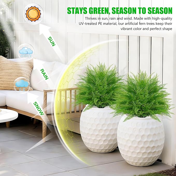 Yangrass Artificial Outdoor Fern Topiary Trees with Ground Spikes, Set of 2 Lifelike Faux Greenery Bush Fake Shrubs Indoor, UV Resistant Artificial Fern Plants for Front Porch Patio Garden Decor