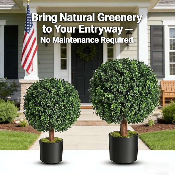 Artificial Boxwood Topiary Tree, 26" Faux Outdoor Plant in Pot, UV Resistant Fake Greenery for Front Porch, Patio, Entryway & Garden Decor