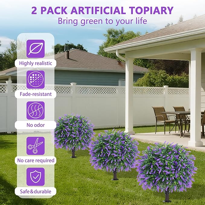 Artificial Lavender Topiary Ball Trees with Ground Spike, Set of 2 UV Resistant Artificial Shrubs, Fake Evergreen Artificial Plant Bush for Indoor Outdoor Front Porch Garden