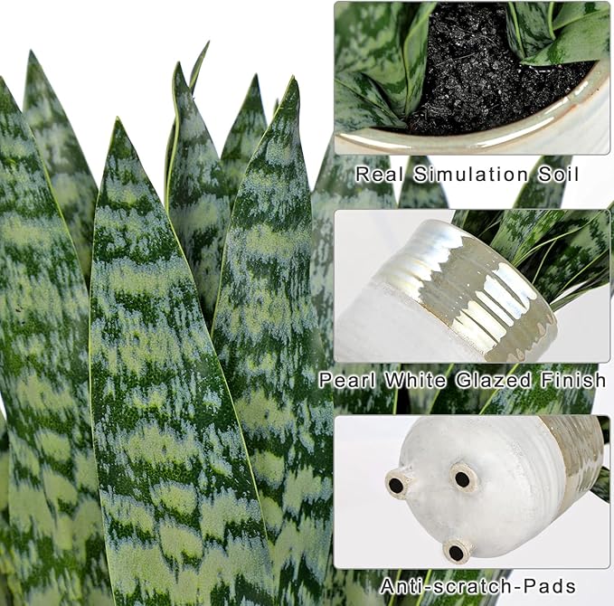 Hollyone Fake Snake Plant 13.5 Inch Large Artificial Snake Plant Potted with Ceramic Pot Faux Sansevieria Plant for Home Office Room Indoor Decor Housewarming Gifts