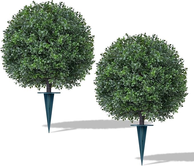 2Pack Artificial Boxwood Topiary Ball Trees,16''UV Resistant Fake Evergreen Shrubs Bushes Plants with Ground Spike, Fake Plants for Outdoor Indoor Front Porch Garden