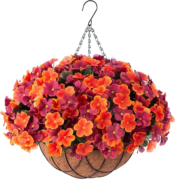INXUGAO Artificial Hanging Flowers with Basket for Outdoor, Fake Hydrangea UV Resistant Arrangements in Pot Planter Spring Summer Decor for Indoor Porch Garden Yard(Orange Brown)