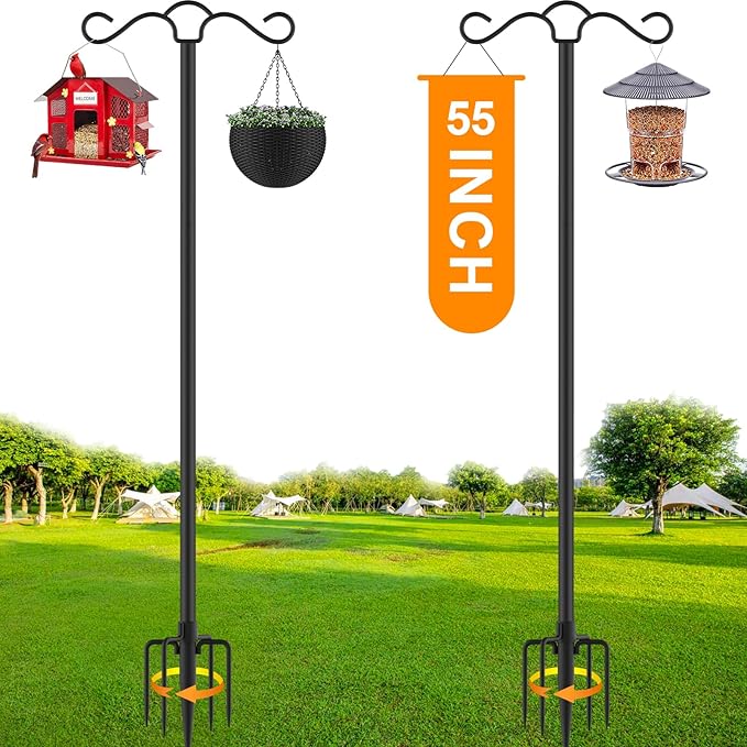 SINLEY Double Shepherds Hook for Outdoor with 5 Prong Base Heavy Duty Two Sided Bird Feeder Pole for Hanging Lantern,Hummingbird Feeder,Lightweight Plant,Shepherds Hook (2 Pack 55inch)