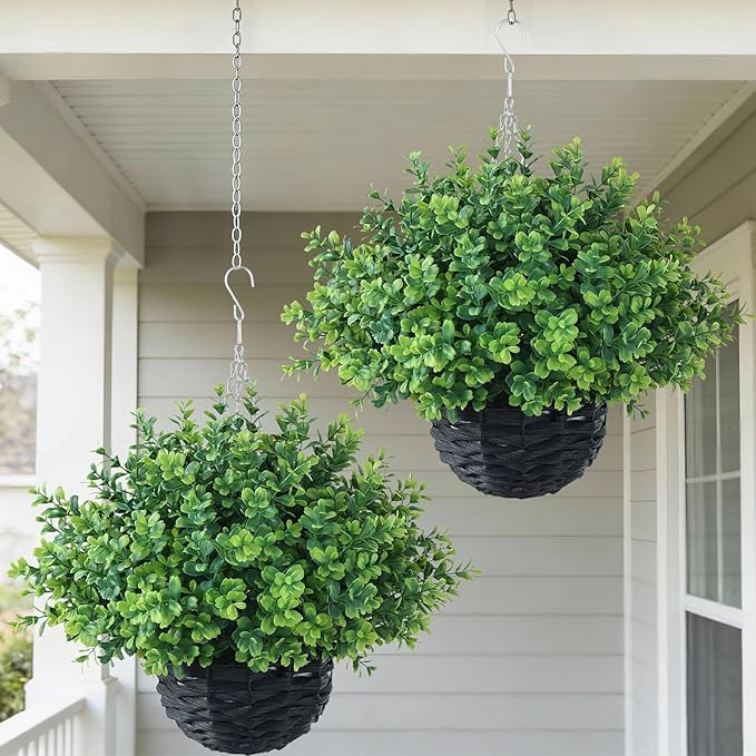 FOTEEWL Artificial Boxwood Hanging Baskets - 2 Sets of Hanging Plant Fake Bushes with Baskets,UV-Resistant Suitable for Outdoor,Porches,Eaves,Farmhouses,Courtyard Decorations