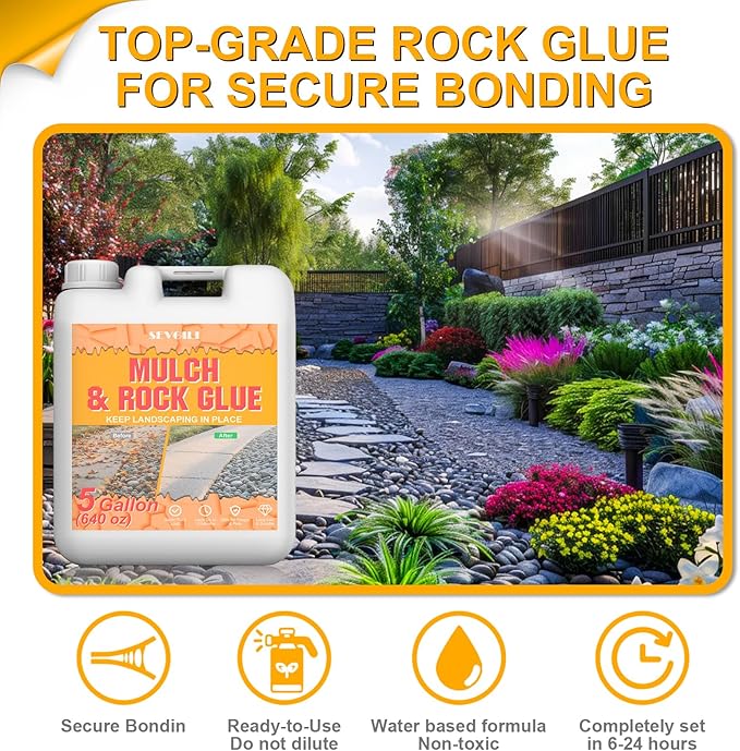 5 Gallon Mulch Glue for Landscaping, SEVGILI Rock Glue & Gravel Binder, Pet Safe & Plant Safe, Non-Toxic Ready-to-Use Gravel Lockdown, 100% Permeable & Fast-Dry Strong Pea Gravel Stabilizer