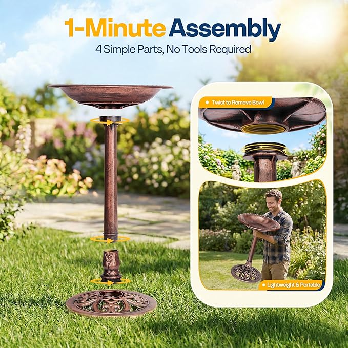 VIVOHOME Bird Bath for Outside, Polyresin Pedestal Bird Baths for Outdoor, Garden, 28 Inch Height Weather-Resistant Birdbaths with 20" Bowl, Antique Bronze