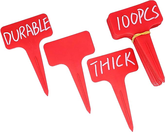 DaTpuik Red Thick Plant Labels Plastic Plant T-Type Tags Nursery Garden Labels 100 Pcs