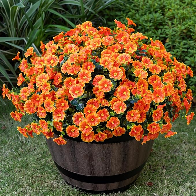 Artificial Faux Flowers for Outdoor 16 Bundles Boxwood Fake Morning Glory for Planter,UV Resistant Fake Flowers for Home Porch Patio Outside（Orange）