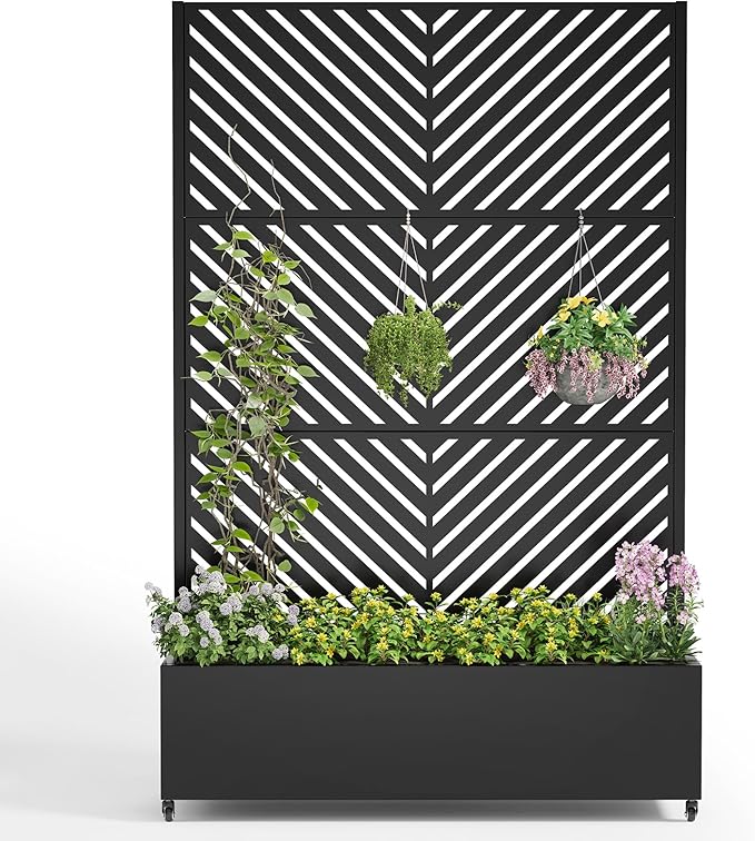 Galvanized Metal Planter Box with Trellis,Metal Raised Garden Bed Trellis 72"x47"x15.7"Inches Outdoor Planter with Wheels and Drainage Holes,for Patio Climbing Vegetables,Flowers,Vines,Black