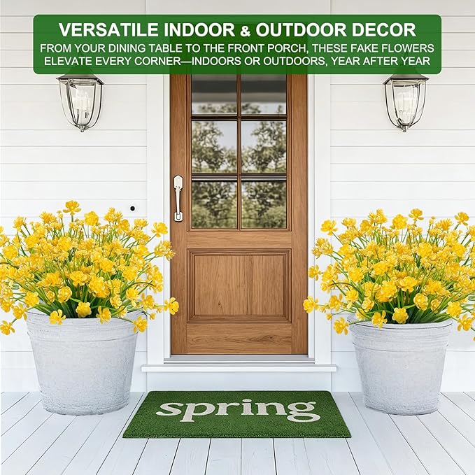 TURNMEON 20 Bundles Artificial Flowers for Outdoors, Spring Grass Camellia Fake Flowers Plastic Plants,UV Resistant No Fade Faux Greenery for Gardens Porch Yards Summer Cemetery Decor 500 Head(Yellow)