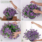 GLIDLION Artificial Flower & Eucalyptus with Hanging Basket - 2PCS Faux UV Sun Resistant Morning Glory in Planter, Fake Colorful Silk Flowers for Spring Summer Porch Patio Balcony Yard Decor (Purple)