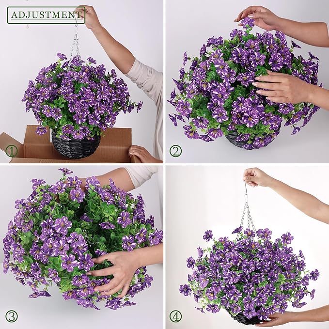 GLIDLION Artificial Flower & Eucalyptus with Hanging Basket - 2PCS Faux UV Sun Resistant Morning Glory in Planter, Fake Colorful Silk Flowers for Spring Summer Porch Patio Balcony Yard Decor (Purple)