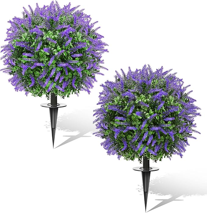 FAJUNZH Artificial Topiary Bushes for Outdoors with Spike, Boxwood Ball Fake Shrubs UV Resistant Faux Plants for Indoor Outdoor Fall Thanksgiving Halloween Decor (Lavender Boxwood Purple-2 Packs)
