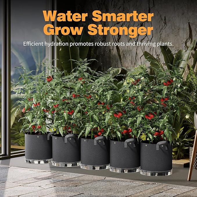 Patigrow Self-Watering Grow Bags, 5-Pack 3 Gallon 420G Thick Nonwoven Fabric Pots with Reinforced Handles and Multi-Purpose Rings, for Low Stress Plant Training Fruits, Vegetables,and Flowers