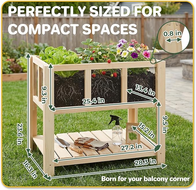 Raised Garden Bed for Small Balcony, 28.3''x16.3''x23.6'' Wood Planter Box with Transparent Window, Drainage Holes, Storage Shelf, Garden Beds Flower Stand Patio Kitchen, Gift for Gardening