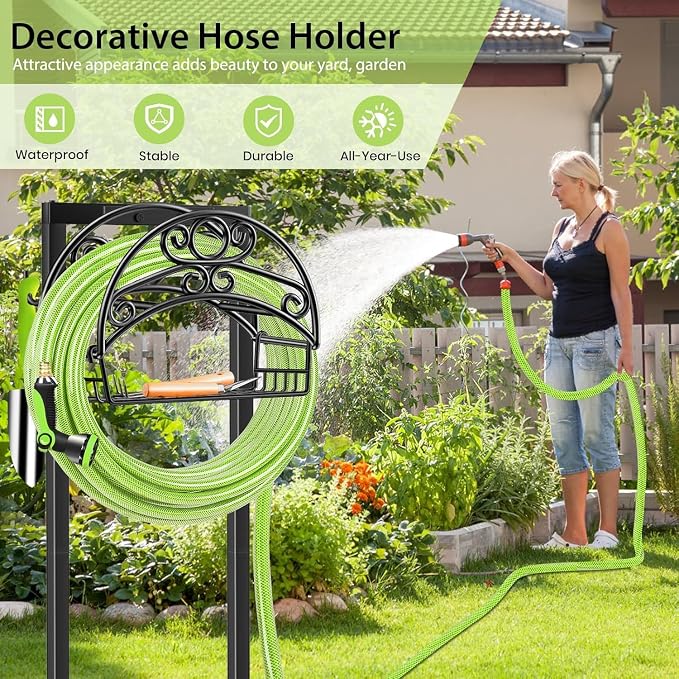 TomCare Garden Hose Holder Upgraded Water Hose Holder Heavy Duty 4 Spikes Hose Hanger Holds 160 Feet Hoses Stable Freestanding Hose Storage Organizer for Outside Yard