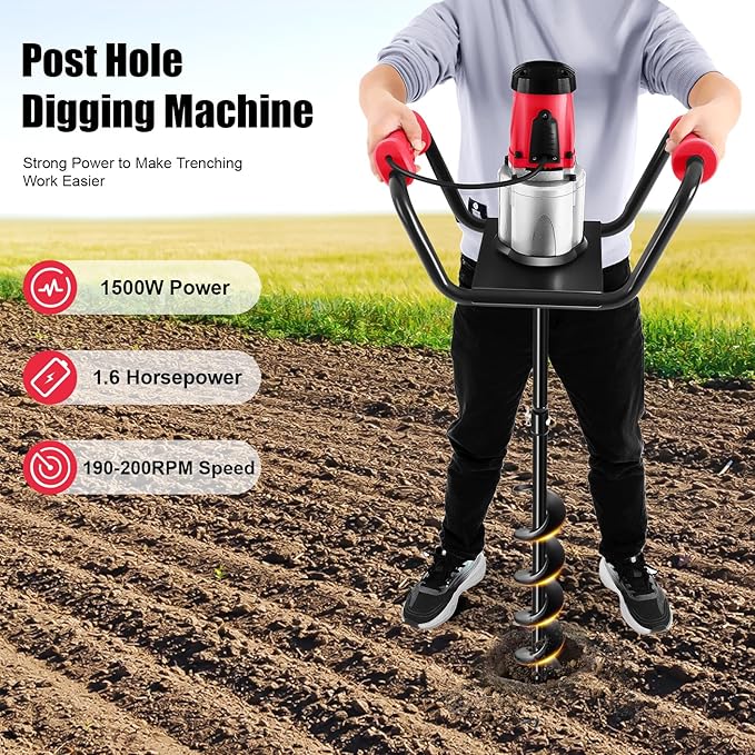 1500W Electric Post Hole Digger with 4-inch Auger Bit & 11.81inch Extension Rod, 1.6HP Pure Copper Motor Earth Auger Fence Post Digger for Post Holes Earth Digger Planting, 190-200 RPM