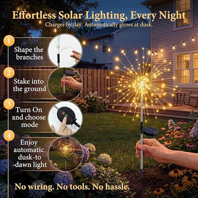 Solar Firework Lights, 8 Pack 120 LEDs 8 Lighting Modes Twinkle Solar Garden Lights Outdoor Waterproof for Yard Patio Walkway Pathway Party Wedding Balcony Decorative - Gifts for Women Mom