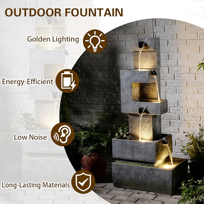 Sunlinua 48.4" H Outdoor Water Fountain with 4 Tiers Cascading Realistic Rock Waterfall Fountains with LED Lights Outdoor Water Fountain for Garden Patio Backyard Porch Home Decor