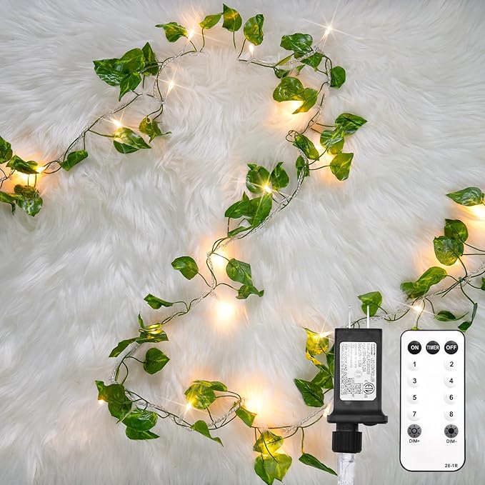 suddus Vine with Fairy Light Plug in, 33ft 100 LED Pothos String Lights Connectable with Remote, Leaf Lights for Bedroom, Room, Wall, Garden, Party, Wedding Dorm Decor (Warm White)