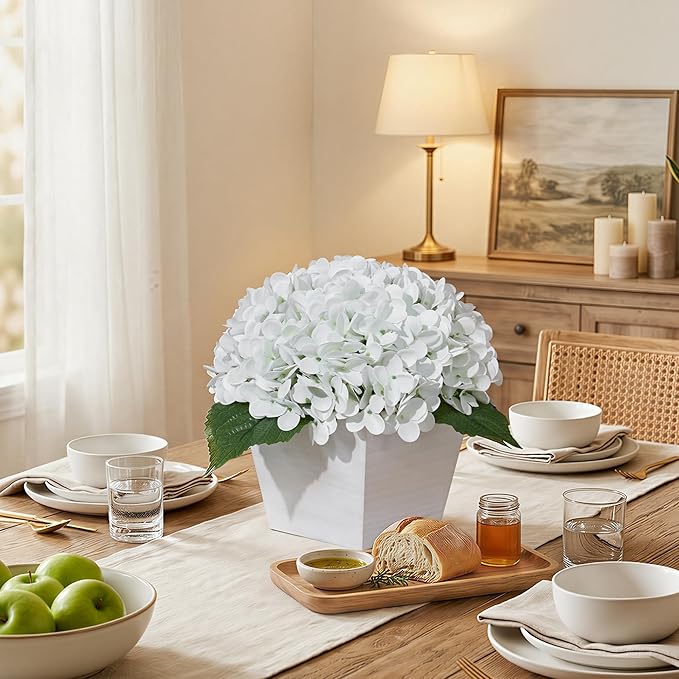 Artificial Hydrangea Flowers Arrangement in Wood Planter, 4PCS Fake White Flowers in Wooden Vase Potted Floral Centerpieces for Tables Living Room Home Office Room Shelf Kitchen Decor