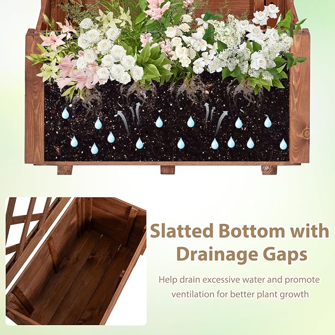 Giantex Raised Garden Bed with Trellis, 23”x14”x40” Wood Elevated Planter Box w/Drainage Hole for Climbing Vine Flower Herb Vegetable Fruit, Planting Container for Indoor Outdoor Patio Balcony