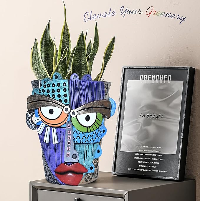 Midogaigai Abstract Face Planter Pots for Plants,Hand-Painted Colorful Flower Pots with Drainage,Indoor Outdoor Garden Decor Gift(Eclectic,Large)