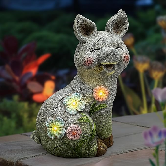 Leekung Solar Pig Statues Garden Decor,Outdoor Statue Sculpture with Led Lights,Solar Garden Decorations Pig Figurines for Patio,Balcony,Yard,Lawn,Unique Housewarming Birthday Gifts for Mom Women