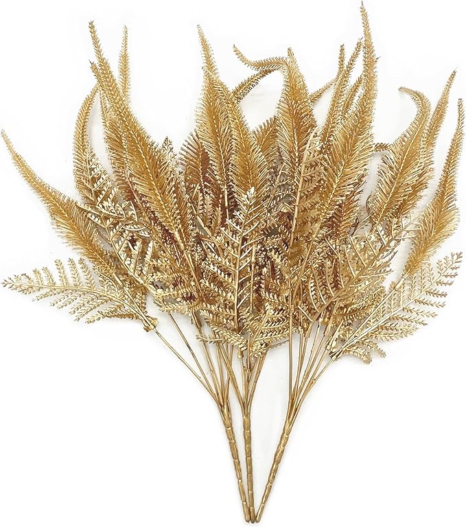 PASYOU Artificial Golden Plants Decoration, Fake Shrubs Plastic Leaves Faux Plant for Indoor Outdoor Home Garden Party Verandah Wedding DIY Christmas Decor Gold Foliage Tail Grass Bundles - 3 Pack