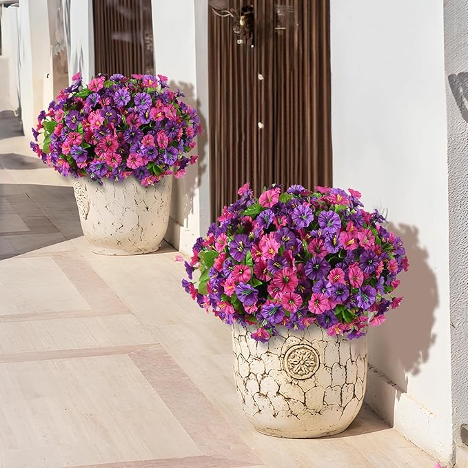Homsunny Artificial Fake Hanging Flowers with Basket for Outdoors, Faux Silk Petunias Flower Spring Summer Decor UV Resistant Look Real Outside Patio Front Porch Decorations