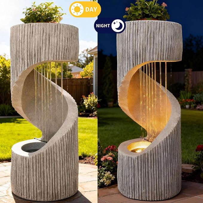 40" Outdoor Water Fountain with LED Light, S-Shaped Modern Curved Outdoor Fountain, Spiral Column Fountain, Decorative Waterfall Feature with Flat Top Plant Display for Garden, Patio Decor