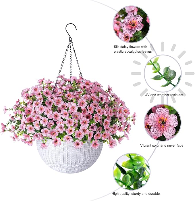 HyeFlora Artificial Fake Hanging Plants Flowers Basket for Outdoor Outside Summer Decor, Faux Silk Pink Daisy Realistic UV Resistant for Porch Patio Balcony Home Yard