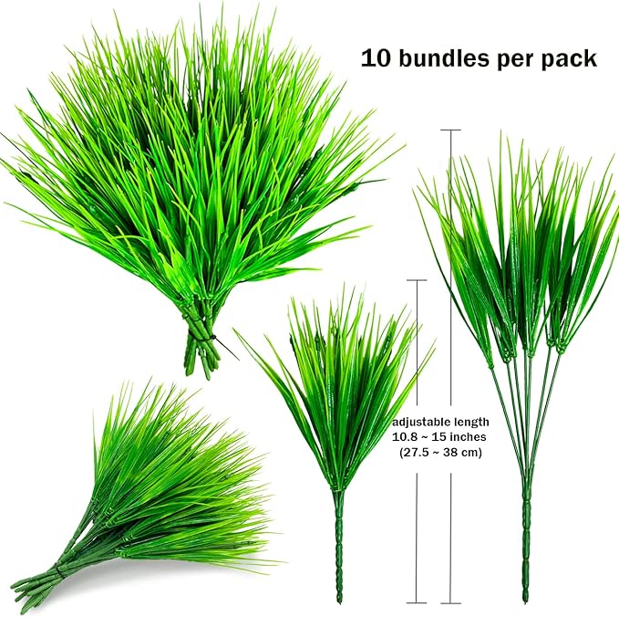 10 Bundles Artificial Grass Plants,Outdoor Faux Grass Plant UV Resistant Fake Plastic Wheat Grass for Indoor Outdoors Fake Realistic Grass for front porch yard patio balcony Garden Decoration- Green