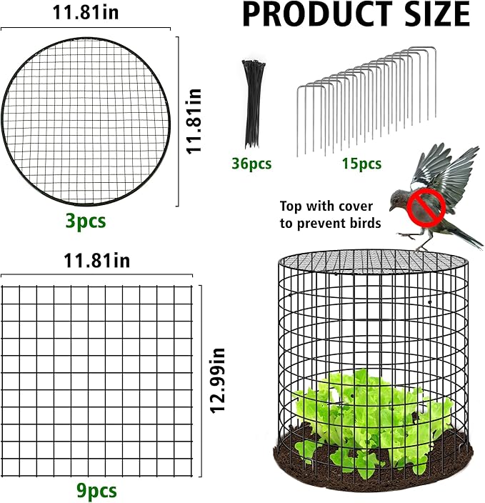 Hi Sasara 3 Sets Wire Plant Protectors Cage,11.8" Dia x 11.8" H,Metal Plant Protector Cage with Round Lids Plant Protector for Keep Rabbits Squirrels Animals Out,Garden Plant Protector with Staples