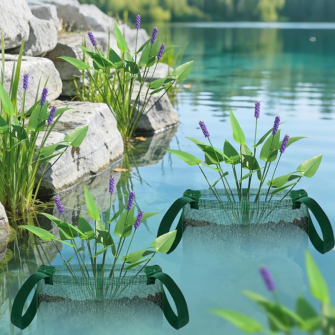 EBaokuup 4 Pcs Pond Planting Bag with Handle, Reusable 7 Inch Round Aquatic Mesh Plant Pot for Ponds, Breathable Green Water Garden Pond Plant Basket for Lotus Bog Terrestrial Plants
