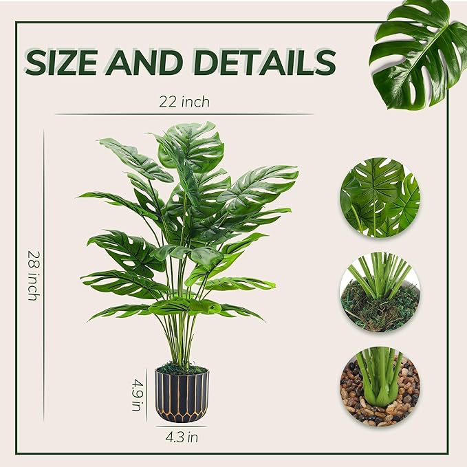 Der Rose 28'' Fake Plants Tall Artificial Monstera Faux Plants Indoor Outdoor Tree for Living Room Home House Decor