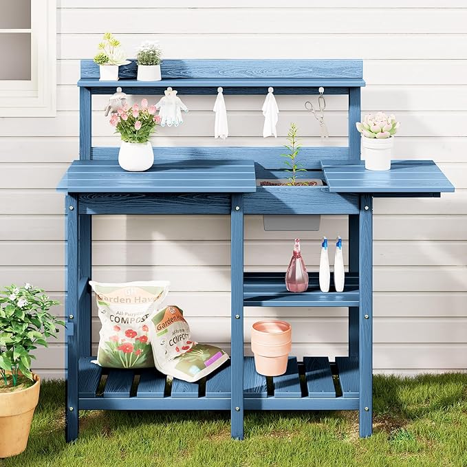 SERWALL Outdoor Potting Bench with Removeable Sink,Rot-Resistant HDPE Potting Table for Outside Gardening, All Weather Use - Blue