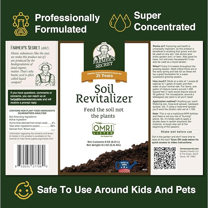 Farmer’s Secret Soil Revitalizer (128oz) - Organic (OMRI Listed) Dirt Health Booster - Liquid Compost Soil Amendment - Activated Humic Acid - Great for Fall/Spring Application