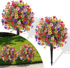 Alupssuc 2Pcs 20" Artificial Topiary Ball Flowers, Spring Outdoor Decoration with Spike, UV Resistant Faux Summer Plants, Faux Bushes Plants, Red Deep Purple Yellow Pink for Garden, Porch Decor