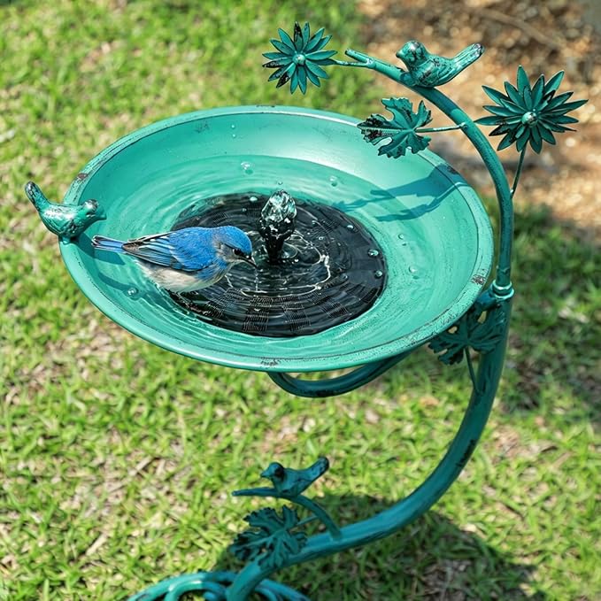 25.8" H Solar Bird Bath Outdoor, Cast Iron Solar Fountain Bird Bath with Bubbler, Vintage Pedestal Metal Bird Bath Bowl for Garden Patio Yard Lawn Decor