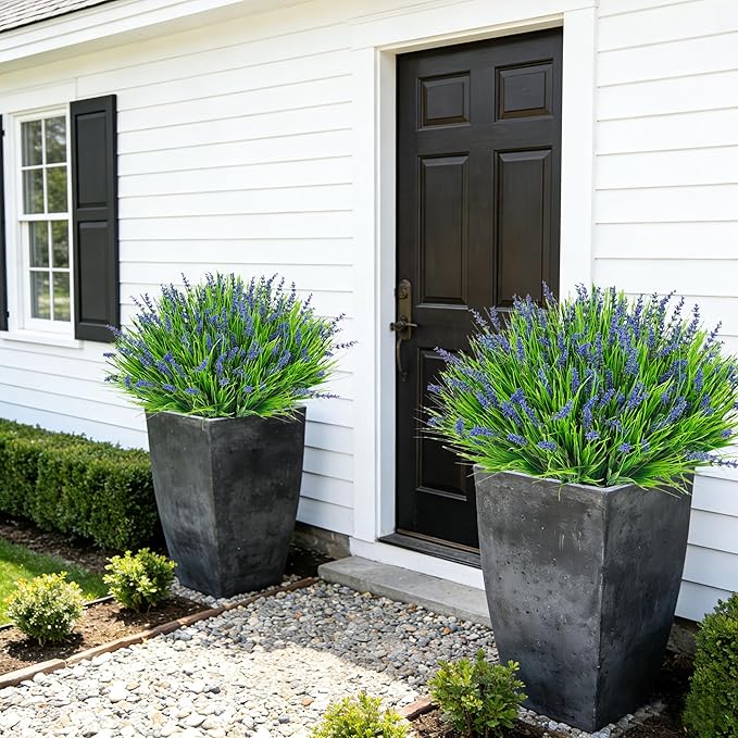 24 Bundles Artificial Plants Flowers Outdoor, Faux Lavender Flowers Fake Monkey Grass UV Resistant Plastic Plant for Porch Garden Patio Window Home Decor, Purple