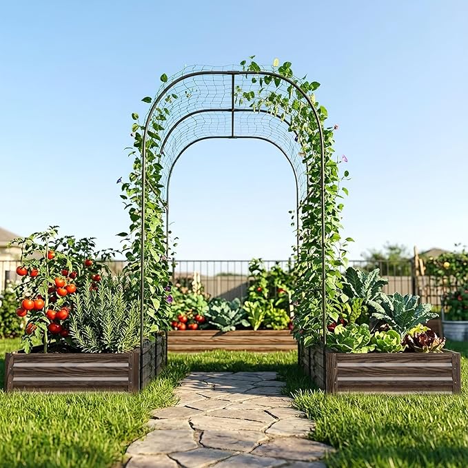 SUNYRISY Galvanized Raised Garden Bed with 87" H Arch Trellis for Climbing Plants Outdoor, Large Metal Planter Box with Netting for Gardening Flowers Vegetables Fruit, Wood Grain