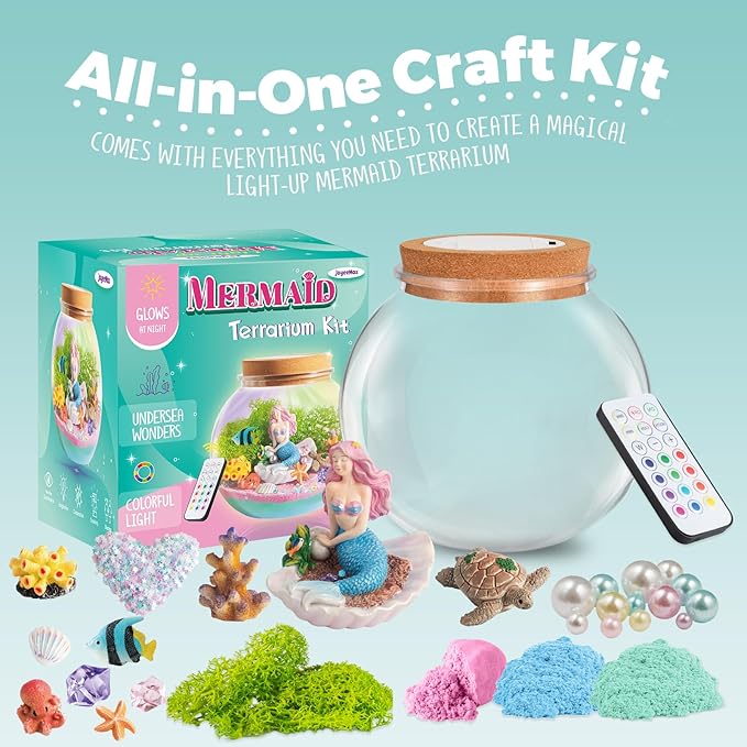 JOYEEMAX Mermaid Light-Up Terrarium Kit for Kids - LED Night Light Birthday Gift for Girls Ages 4 5 6 7 8-12 Year Old - Mermaid Toys for Girls - DIY Arts and Crafts Kit for Kids