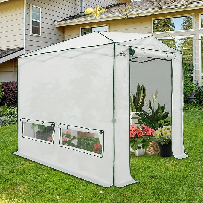 EAGLE PEAK 8x6 Portable Walk in Greenhouse, Pop Up Indoor Outdoor Greenhouse, Green House Kit with Zippered Roll-Up Doors and Windows, Woven Cover, Translucent