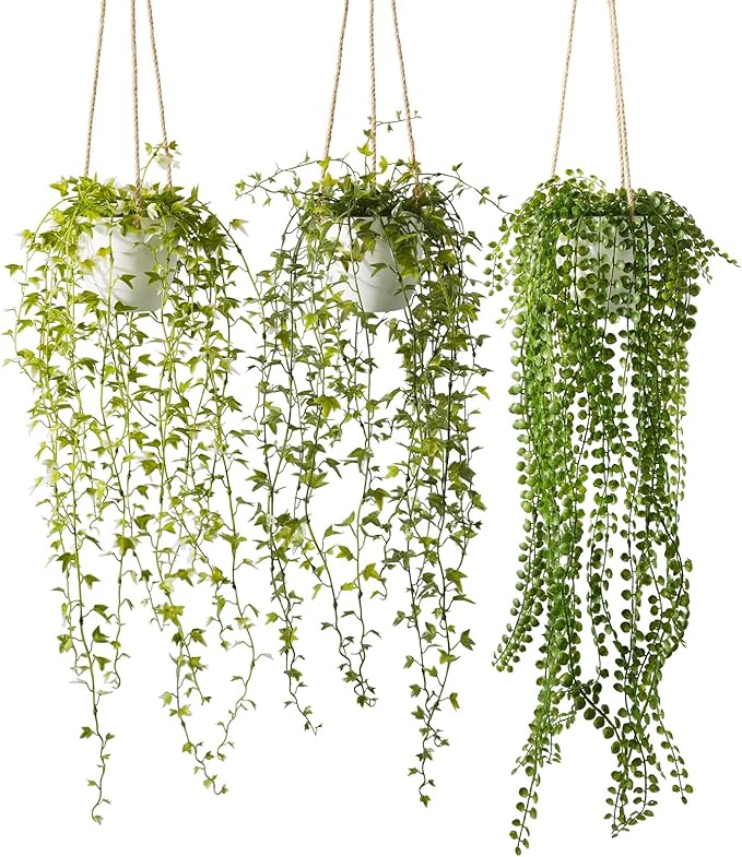 3 Packs Fake Hanging Plants with White Pots, 37" Artificial Hanging Plants for Wall Decor, Fake Plants Mandala Vine Indoor/Outdoor for Home Bathroom Bedroom Kitchen Office Room Decor