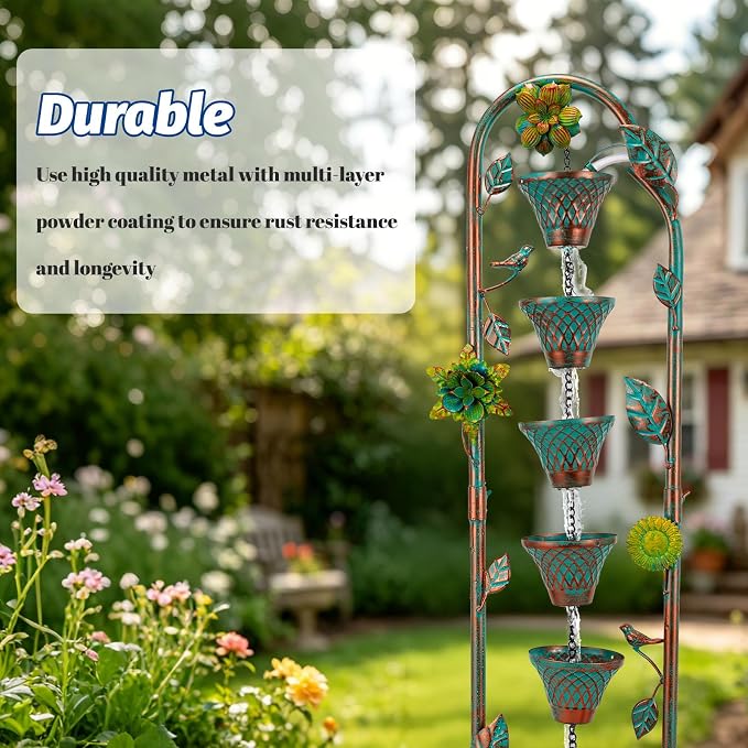 40" H Outdoor Tiered Water Fountain, Vintage Floor Standing Fountains with 6 Hanging Cups, Indoor Cascading Water Fountain Feature for Garden Yard Home Decor
