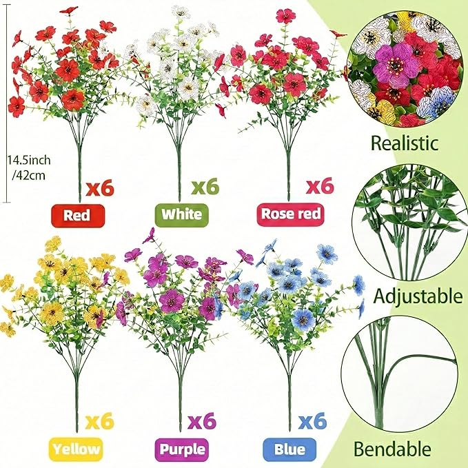 ATTGREAT Artificial Spring Flowers Outdoor Faux Plants UV Resistant Fake Patio Flowers Plastic Greenery Plnats Outside Bulk for Spring Garden Hanging Planter Home Vase Decor, 36 Bundles (Multicolor)