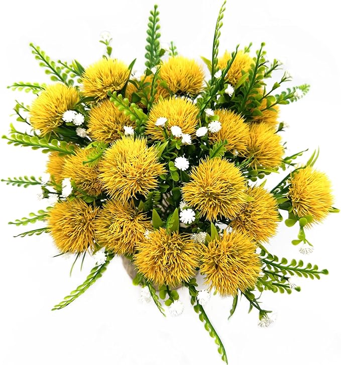 CATTREE Artificial Dandelion Plants, Plastic Flowers Shrubs Bushes Fake Grass Wedding Indoor Outdoor Home Garden Verandah Centerpieces Arrangements Party Decoration Planting Filler - Yellow 4 Pack