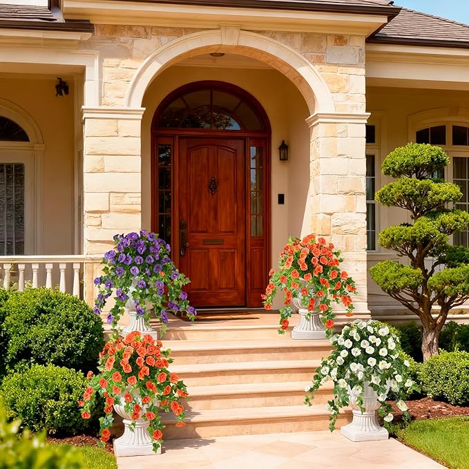 Homsunny Artificial Fake Flowers Plants for Outdoor Decoration, 2PCS Faux Petunias Silk Flower UV Resistant No Fade for Home Outside Garden Balcony Yard Porch Realistic Indoor Decor (Orange)
